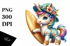 Colorful Baby Unicorn with Surfboard PNG Product Image 3