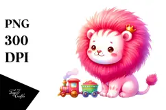 Watercolor Cute Baby Lion with Train PNG Product Image 1