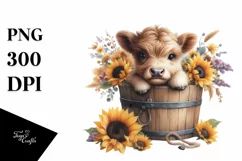 Cute Baby Highland Cow with Sunflower, Transparent PNG Product Image 1
