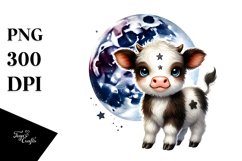 Cute Baby Cow with Cosmos on Star PNG Product Image 1
