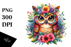 Watercolor Owl with Floral Wreath on Head | Clipart Product Image 1
