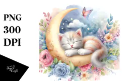 Baby Cat Moon Watercolor Clipart Product Image 1
