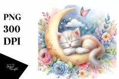 Baby Cat Moon Watercolor Clipart Product Image 1