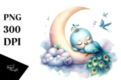 Whimsical Baby Peacock Sleeping on Moon PNG Product Image 1