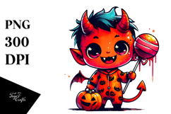 Funny Chibi-Style Little Demon in Pajamas, Watercolor Design Product Image 1