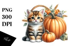 Funny Cute Baby Kitten Sitting in Front of Pumpkin | Clipart Product Image 1