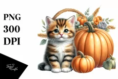 Funny Cute Baby Kitten Sitting in Front of Pumpkin | Clipart Product Image 1