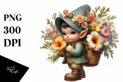 Detailed Gnome Carrying Freesia Bouquet | Clipart Product Image 3