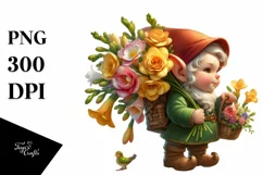 Detailed Gnome Carrying Freesia Bouquet | Clipart Product Image 1