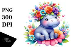 Cartoon Hippo with Flower Crown | Vibrant Colors Product Image 1