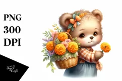 a Cute Baby Bear with Marigold Bouquet Clipart Product Image 1
