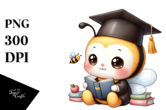 Cute Baby Bee with Graduation Cap, Watercolor PNG Product Image 1