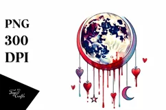 Half Moon with Blood and Hearts, Digital Watercolor Painting Product Image 1