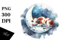 Colorful Sleeping Moon Cow | Watercolor Clipart Product Image 1