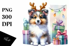 Energetic Shetland Sheepdog with Reindeer Horns PNG Product Image 1