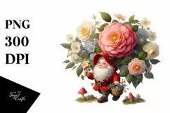 Detailed Gnome Carrying Camellia Bouquet | Clipart Product Image 3
