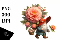 Detailed Gnome Carrying Camellia Bouquet | Clipart Product Image 1
