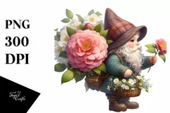 Detailed Gnome Carrying Camellia Bouquet | Clipart Product Image 1