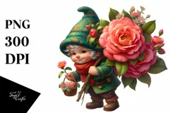 Detailed Gnome Carrying Camellia Bouquet | Clipart Product Image 3