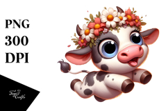 Cartoony Jumping Cow with Flower Crown PNG Product Image 1