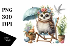 Young Owl on Beach Chair | Watercolor Clipart Product Image 1