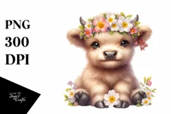 Cute Baby Highland Cow Smiling Primrose Wreath | Sublimation Product Image 1