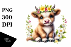 Cute Baby Highland Cow Smiling Primrose Wreath | Sublimation Product Image 1