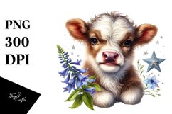 Cute Highland Cow with Lobelia on Star PNG Product Image 1