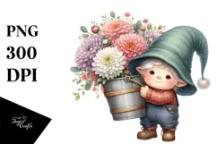 Watercolor Cute Baby Gnome with Chrysanthemum Frame PNG Product Image 1