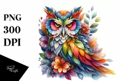 Vibrant Owl with Plant Leaves, PNG Product Image 1