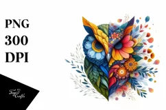 Vibrant Owl with Plant Leaves, PNG Product Image 1