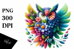 Vibrant Owl with Plant Leaves, PNG Product Image 1