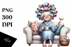 Watercolor Old Lady Sitting on Couch | Sublimation Clipart Product Image 1