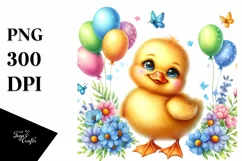 Vibrant Baby Duck Illustration with Blue Flowers Product Image 3