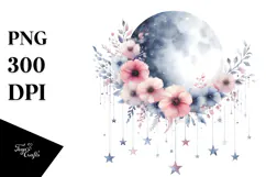 Vibrant Moon and Stars with Flowers, Transparent PNG Product Image 1