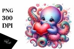 Baby Octopus Holding Heart PNG Product Image 1