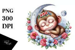 Baby Monkey Sleeping on the Moon with Flowers | Clipart Product Image 4