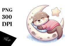 Cute Baby Otter Sleeping on the Moon | Clipart Product Image 1