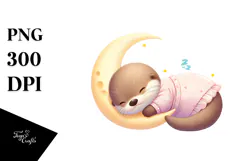 Cute Baby Otter Sleeping on the Moon | Clipart Product Image 1