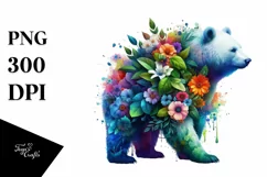 Abstract Vibrant Watercolor Bear with 3D Flowers PNG Product Image 3