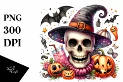 Funny Watercolor Halloween Skull Clipart Product Image 3