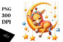 Whimsical Cute Baby Giraffe Sleeping on the Moon | Clipart Product Image 1