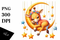 Whimsical Cute Baby Giraffe Sleeping on the Moon | Clipart Product Image 1