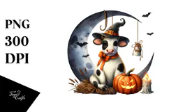 Cow Dressed for Halloween on Half Moon PNG Product Image 1