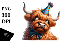 Highland Cow with Party Hat PNG Product Image 1