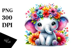 Cute Baby Elephant with Flower Crown, Transparent PNG Product Image 1