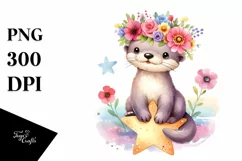 Cartoon-Style Otter with Flower Crown, Transparent PNG Product Image 1
