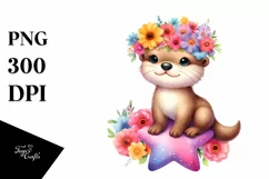 Cartoon-Style Otter with Flower Crown, Transparent PNG Product Image 1