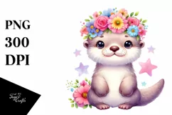 Cartoon-Style Otter with Flower Crown, Transparent PNG Product Image 1