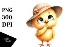 Watercolor Funny Chick Standing in Sun Hat | Clipart Product Image 1